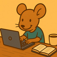 Mouse working on laptop with sleeping cat